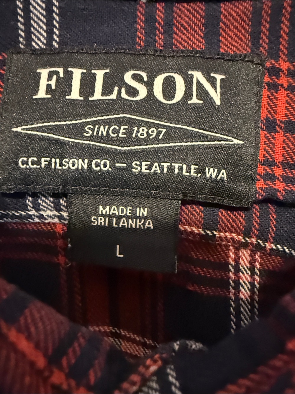 Filson Red and Navy Plaid Button-Up Shirt - Picture 2 of 9